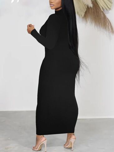 Women's Long Sleeve Bodycon Dress Maxi Mock Neck Fall Winter Casual Club Party T Shirts Tight Dresses in Kuwait