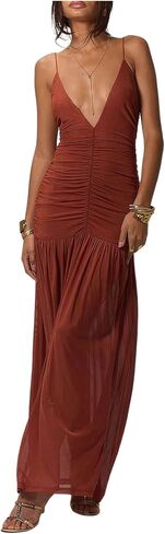 SOLY HUX Women's Maxi Dress Deep V Neck Spaghetti Strap Ruched Bodycon Long Cami Dresses in Saudi Arabia