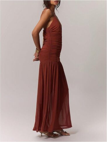 SOLY HUX Women's Maxi Dress Deep V Neck Spaghetti Strap Ruched Bodycon Long Cami Dresses in Saudi Arabia