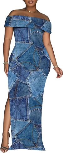 Yuopeid Women's Sexy Off Shoulder Bodycon Maxi Dresses Fashion Printed High Split Clubwear Party Long Dress in Saudi Arabia