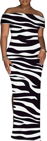 Yuopeid Women's Sexy Off Shoulder Bodycon Maxi Dresses Fashion Printed High Split Clubwear Party Long Dress in Saudi Arabia