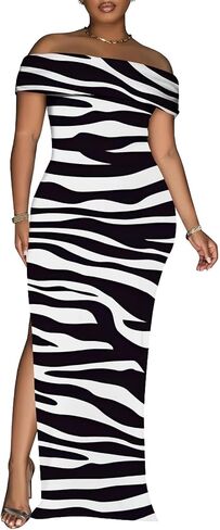 Yuopeid Women's Sexy Off Shoulder Bodycon Maxi Dresses Fashion Printed High Split Clubwear Party Long Dress in Saudi Arabia