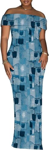 Yuopeid Women's Sexy Off Shoulder Bodycon Maxi Dresses Fashion Printed High Split Clubwear Party Long Dress in Saudi Arabia