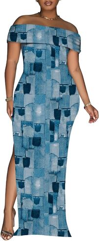 Yuopeid Women's Sexy Off Shoulder Bodycon Maxi Dresses Fashion Printed High Split Clubwear Party Long Dress in Saudi Arabia