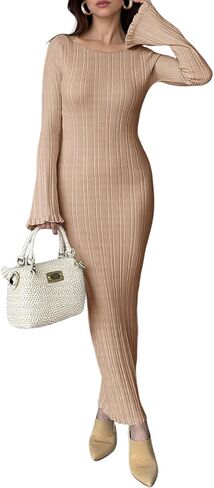 Saodimallsu المرأة طويلة الأكمام Bodycon فستان ماكسي مضلع متماسكة الكشكشة Crewneck أنيقة التخسيس فساتين سترة طويلة in Saudi Arabia