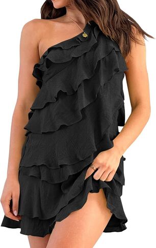 Womens 2025 Summer Sleeveless Mini Dress Backeless Solid Color One Shoulder Ruffle Tiered Layered A Line Sun Dresses in Kuwait