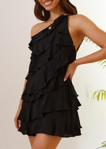 Womens 2025 Summer Sleeveless Mini Dress Backeless Solid Color One Shoulder Ruffle Tiered Layered A Line Sun Dresses in Kuwait