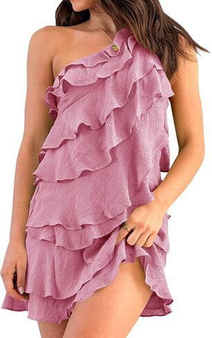 Womens 2025 Summer Sleeveless Mini Dress Backeless Solid Color One Shoulder Ruffle Tiered Layered A Line Sun Dresses in Kuwait