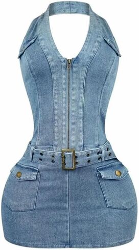 Womens Sexy Denim Halter Stand Collar Sleeveless Bodycon Zipper Cowboy Vestidos Slim Jean Dresses in Saudi Arabia