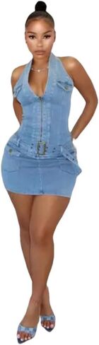 Womens Sexy Denim Halter Stand Collar Sleeveless Bodycon Zipper Cowboy Vestidos Slim Jean Dresses in Saudi Arabia