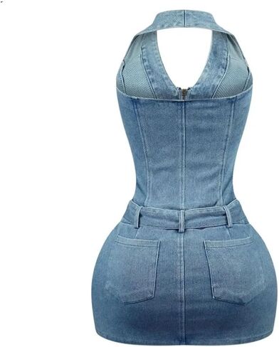 Womens Sexy Denim Halter Stand Collar Sleeveless Bodycon Zipper Cowboy Vestidos Slim Jean Dresses in Saudi Arabia