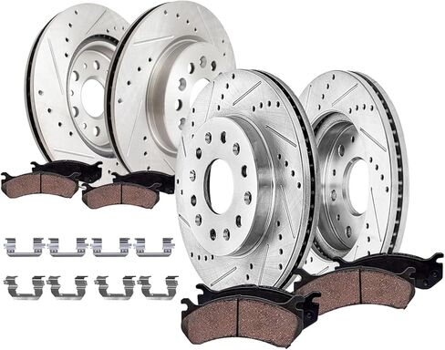 Detroit Axle - 8pc Brake Kit for 2017-2020 Cadillac XT5 2018-2019 Buick Enclave, Drilled and Slotted Disc Brakes Rotors Ceramic Brake Pads Replacement: 13.58" inch Front and 12.40" inch Rear Rotors in Saudi Arabia