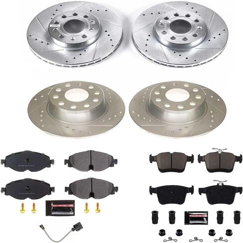 Power Stop K8365، Z23 طقم فرامل أمامية وخلفية - دوارات فرامل مشقوقة ووسادات فرامل من السيراميك الكربوني وسلك مستشعر أمامي واحد لسيارة Volkswagen Jetta 2019-2022 [نموذج محدد] in Saudi Arabia