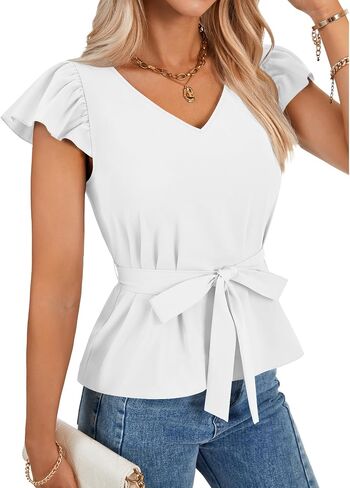 LYANER Women's Ruffle Cap Sleeve V Neck Tie Belt Dressy Casual Work Blouse Top Shirt in Saudi Arabia