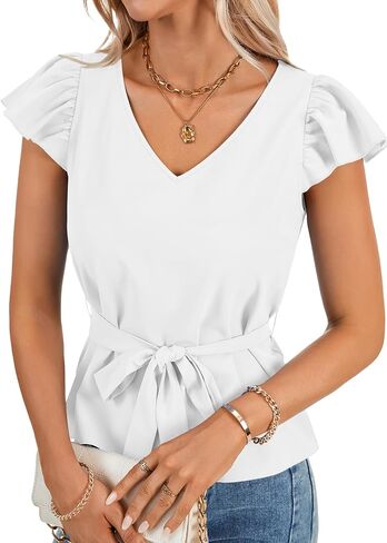 LYANER Women's Ruffle Cap Sleeve V Neck Tie Belt Dressy Casual Work Blouse Top Shirt in Saudi Arabia