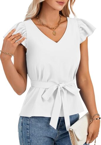LYANER Women's Ruffle Cap Sleeve V Neck Tie Belt Dressy Casual Work Blouse Top Shirt in Saudi Arabia