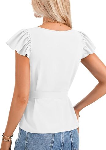 LYANER Women's Ruffle Cap Sleeve V Neck Tie Belt Dressy Casual Work Blouse Top Shirt in Saudi Arabia