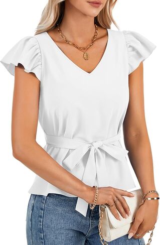 LYANER Women's Ruffle Cap Sleeve V Neck Tie Belt Dressy Casual Work Blouse Top Shirt in Saudi Arabia