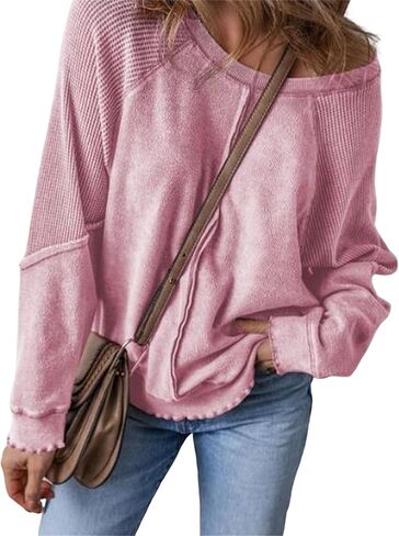 Women's Knit Waffled Loose Pullover Patchwork Long Sleeve Crew Neck Sweatshirt Casual Going Out Shirt Streetwear in Saudi Arabia
