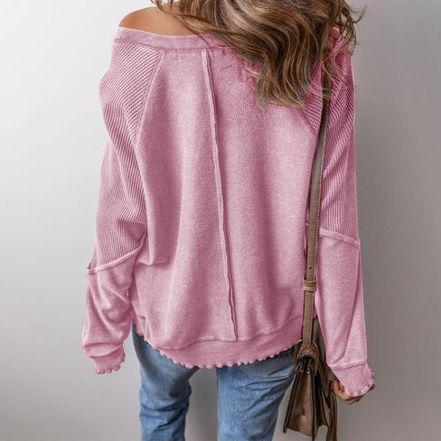 Women's Knit Waffled Loose Pullover Patchwork Long Sleeve Crew Neck Sweatshirt Casual Going Out Shirt Streetwear in Saudi Arabia