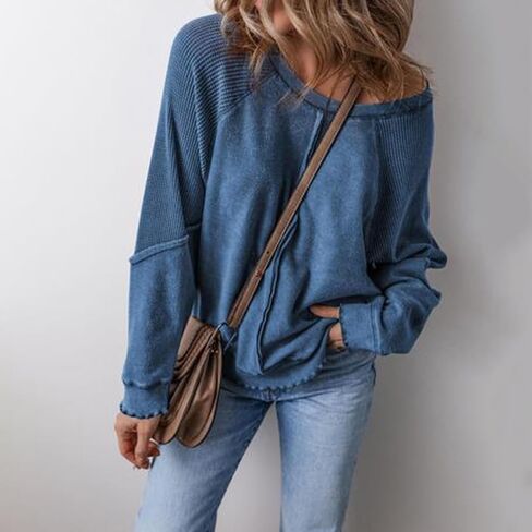 Women's Knit Waffled Loose Pullover Patchwork Long Sleeve Crew Neck Sweatshirt Casual Going Out Shirt Streetwear in Saudi Arabia