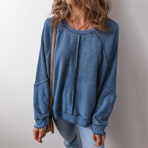 Women's Knit Waffled Loose Pullover Patchwork Long Sleeve Crew Neck Sweatshirt Casual Going Out Shirt Streetwear in Saudi Arabia