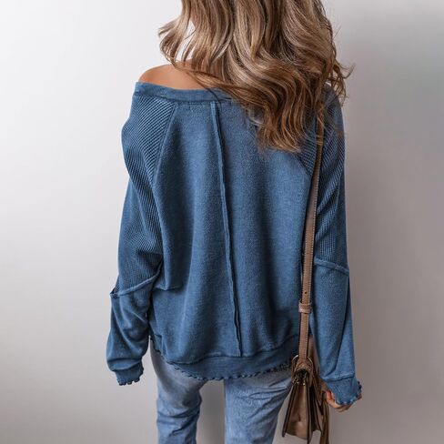 Women's Knit Waffled Loose Pullover Patchwork Long Sleeve Crew Neck Sweatshirt Casual Going Out Shirt Streetwear in Saudi Arabia