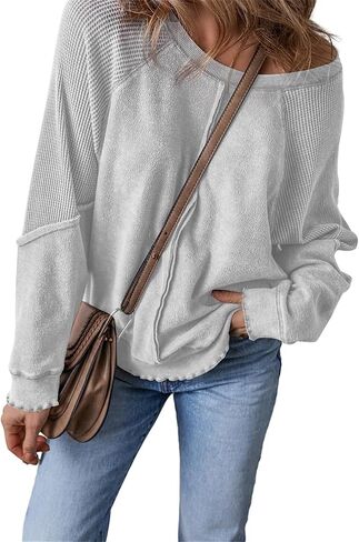 Women's Knit Waffled Loose Pullover Patchwork Long Sleeve Crew Neck Sweatshirt Casual Going Out Shirt Streetwear in Saudi Arabia