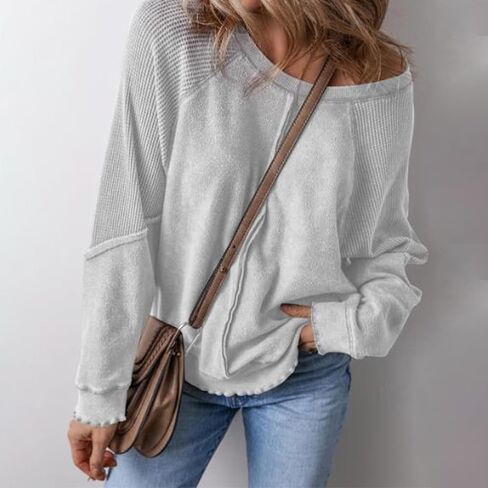 Women's Knit Waffled Loose Pullover Patchwork Long Sleeve Crew Neck Sweatshirt Casual Going Out Shirt Streetwear in Saudi Arabia