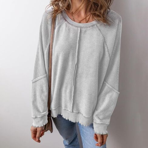 Women's Knit Waffled Loose Pullover Patchwork Long Sleeve Crew Neck Sweatshirt Casual Going Out Shirt Streetwear in Saudi Arabia