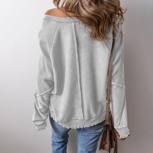 Women's Knit Waffled Loose Pullover Patchwork Long Sleeve Crew Neck Sweatshirt Casual Going Out Shirt Streetwear in Saudi Arabia