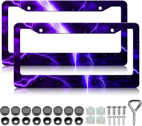 إطار لوحة ترخيص Lightning باللون الأرجواني - قطعتان من حامل لوحة ترخيص معدني من الفولاذ المقاوم للصدأ Thunder Cool، إطارات علامات تزيين السيارة مقاومة للصدأ ومقاومة للماء in Kuwait