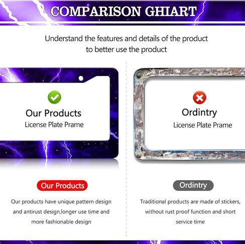 إطار لوحة ترخيص Lightning باللون الأرجواني - قطعتان من حامل لوحة ترخيص معدني من الفولاذ المقاوم للصدأ Thunder Cool، إطارات علامات تزيين السيارة مقاومة للصدأ ومقاومة للماء in Kuwait