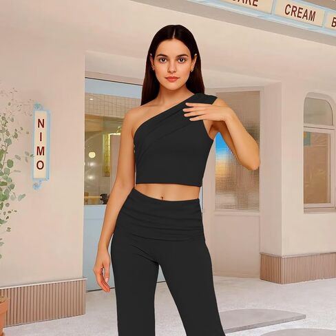 طقم مكون من قطعتين للنساء صيفي كاجوال بكتف واحد وبنطلون قابل للطي in Kuwait