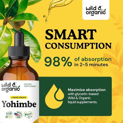 Wild & Organic Yohimbe Supplements for Men & Women - 5 mg Yohimbine Liquid Extract Drops - Pausinystalia Yohimbe Bark Tincture - Vegan, Alcohol-Free - 2 fl oz in Saudi Arabia