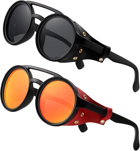 Classic Steampunk Style Round Vintage Sunglasses Retro Eyewear Women Men With Leather Side Glasses in Saudi Arabia