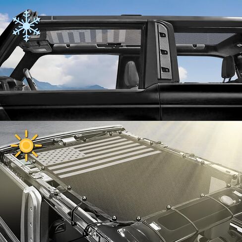 مظلة شمسية لسيارة Ford Bronco، غطاء علوي شبكي علوي من Bimini متوافق مع ملحقات Ford Bronco 2021 2022 2023 2024 2025، تناسب الجزء العلوي الصلب الناعم، بابين (علم - بابان) in Kuwait