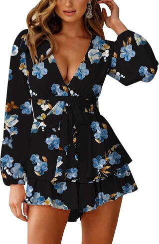Relipop Womens Floral Print Romper V Neck Long Sleeve Double Layer Ruffle Hem Shorts Jumpsuit 2025 Beach Vacation Outfits in Kuwait