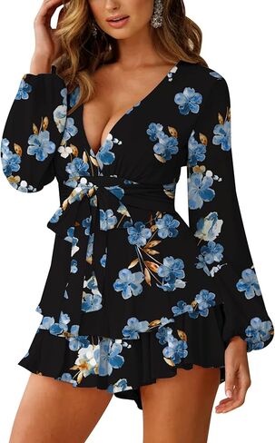 Relipop Womens Floral Print Romper V Neck Long Sleeve Double Layer Ruffle Hem Shorts Jumpsuit 2025 Beach Vacation Outfits in Kuwait