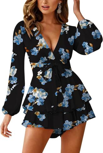 Relipop Womens Floral Print Romper V Neck Long Sleeve Double Layer Ruffle Hem Shorts Jumpsuit 2025 Beach Vacation Outfits in Kuwait