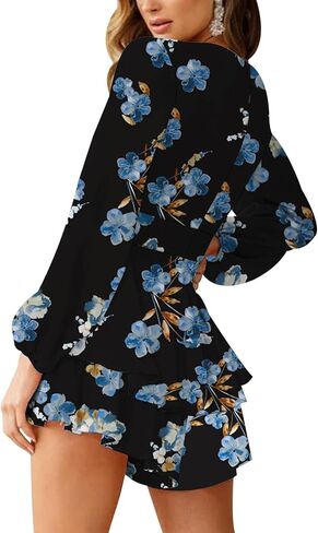 Relipop Womens Floral Print Romper V Neck Long Sleeve Double Layer Ruffle Hem Shorts Jumpsuit 2025 Beach Vacation Outfits in Kuwait