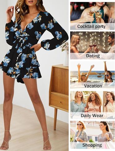 Relipop Womens Floral Print Romper V Neck Long Sleeve Double Layer Ruffle Hem Shorts Jumpsuit 2025 Beach Vacation Outfits in Kuwait