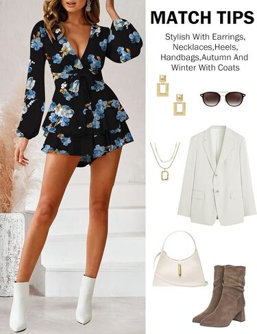 Relipop Womens Floral Print Romper V Neck Long Sleeve Double Layer Ruffle Hem Shorts Jumpsuit 2025 Beach Vacation Outfits in Kuwait