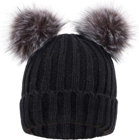 YoungLove Women's Faux Fur Pompom Mickey Ears Cable Knit Winter Beanie Hat in Saudi Arabia