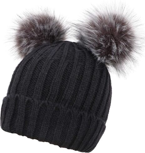 YoungLove Women's Faux Fur Pompom Mickey Ears Cable Knit Winter Beanie Hat in Saudi Arabia