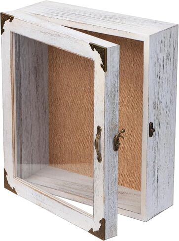 Shadow Box Frame 11x13, Depth 5in Shadow Boxes Display Cases, Rustic Burnt Wood, Vintage Metal Accents, Hinged Door, Metal Handle and Latch, Linen Back in Kuwait