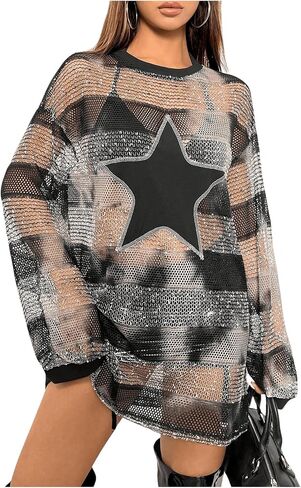Floerns Women's Y2K See Through Sheer Mesh Long Sleeve Club Dress Star Striped Print Round Neck Night Out Mini Dress in Saudi Arabia