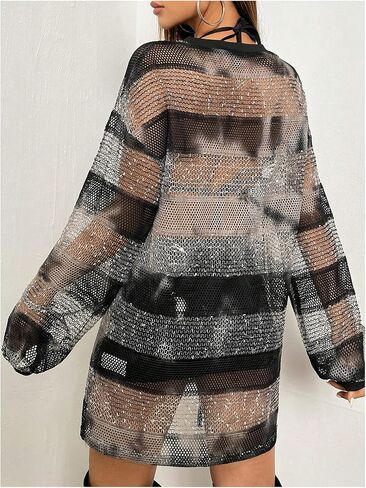 Floerns Women's Y2K See Through Sheer Mesh Long Sleeve Club Dress Star Striped Print Round Neck Night Out Mini Dress in Saudi Arabia