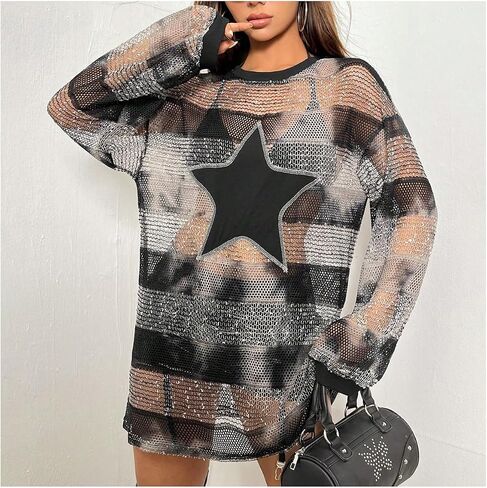 Floerns Women's Y2K See Through Sheer Mesh Long Sleeve Club Dress Star Striped Print Round Neck Night Out Mini Dress in Saudi Arabia