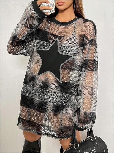 Floerns Women's Y2K See Through Sheer Mesh Long Sleeve Club Dress Star Striped Print Round Neck Night Out Mini Dress in Saudi Arabia